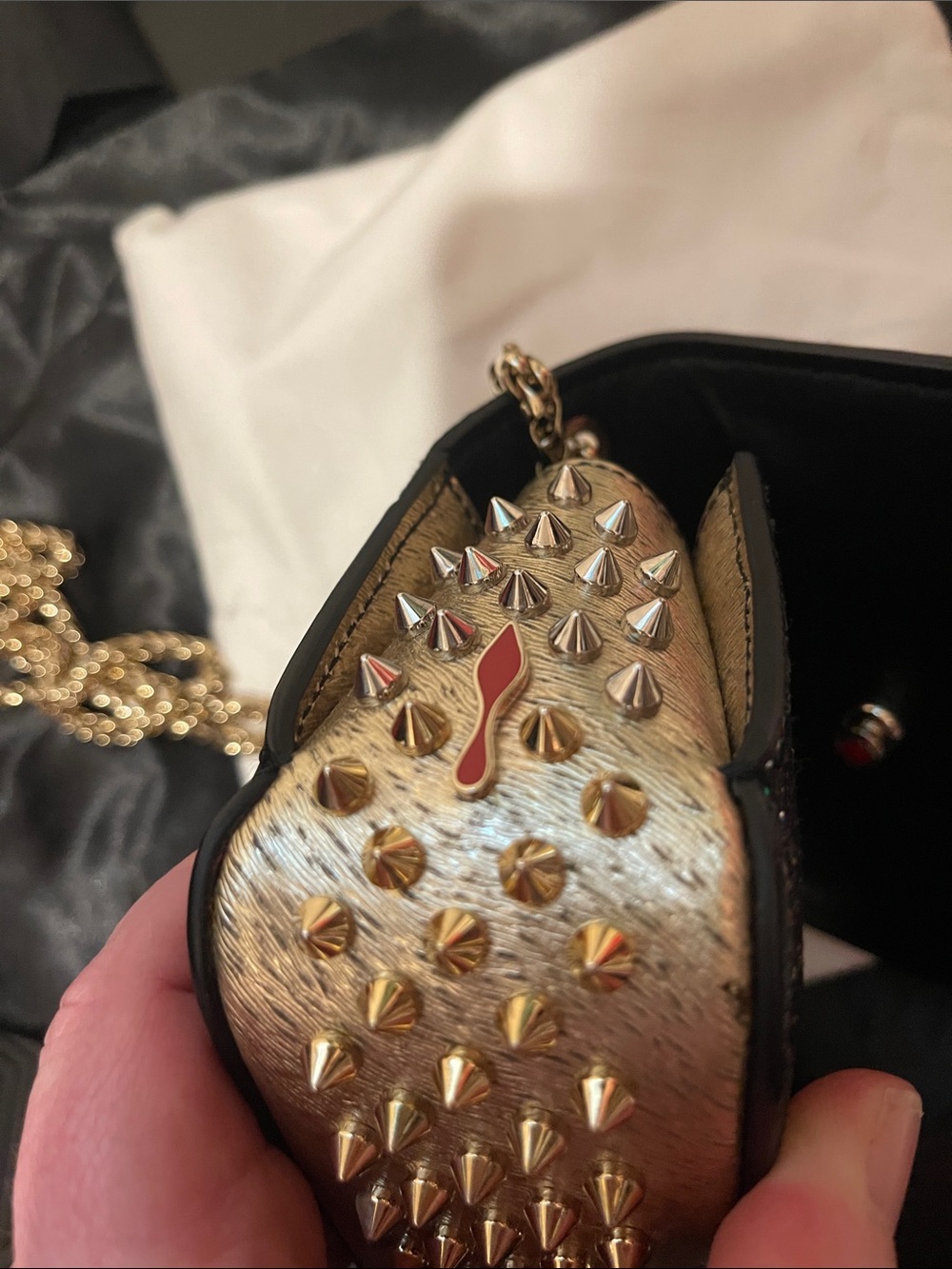 Christian Louboutin Multicolor Tweed Spike-Embellished Crossbody with Gold Chain - Picture 13 of 16
